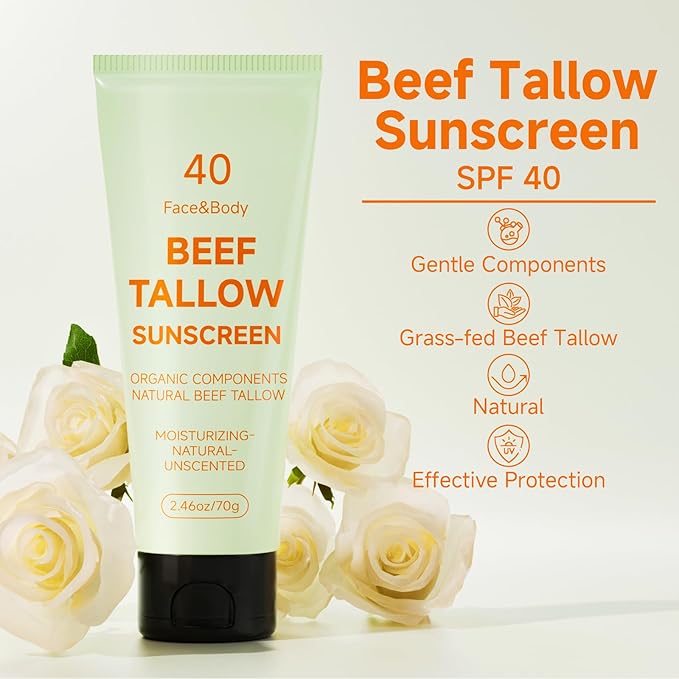 Tallow Sunscreen, Sunscreen for Face, Beef Tallow for Skin, Reef Safe Travel Sunblock Grass-Fed Natural for All Skin Type Deep Hydration Moisturizing Non Greasy Anti White Cast