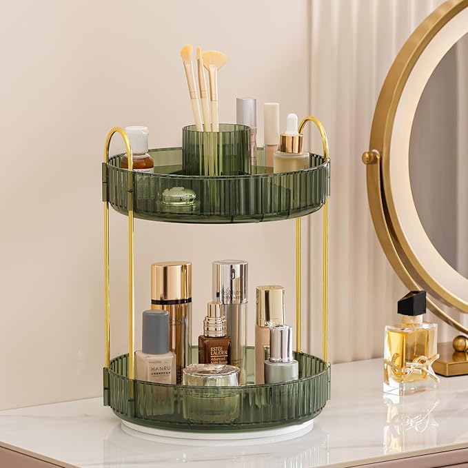 HBlife 360 Rotating Makeup Organizer, 2 Tier Perfume Organizer Skincare Organizer Large Capacity Cosmetic Storage for Bathroom, Vanity, Countertop, Green