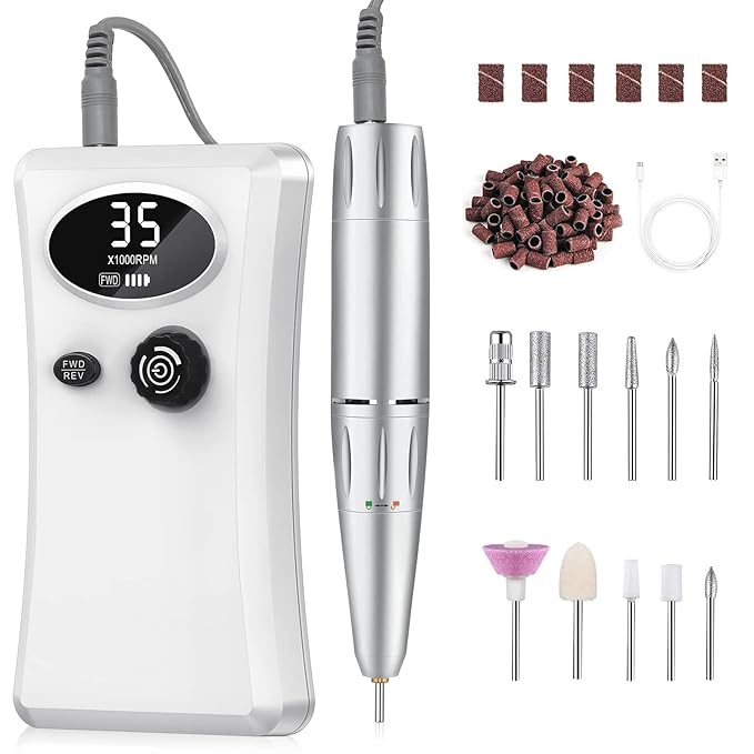 35000RPM Professional Nail Drill Machine, Portable Rechargeable File Machine Set for Acrylic Gel Nails, Manicure Pedicure Tools for Home and Salon Use
