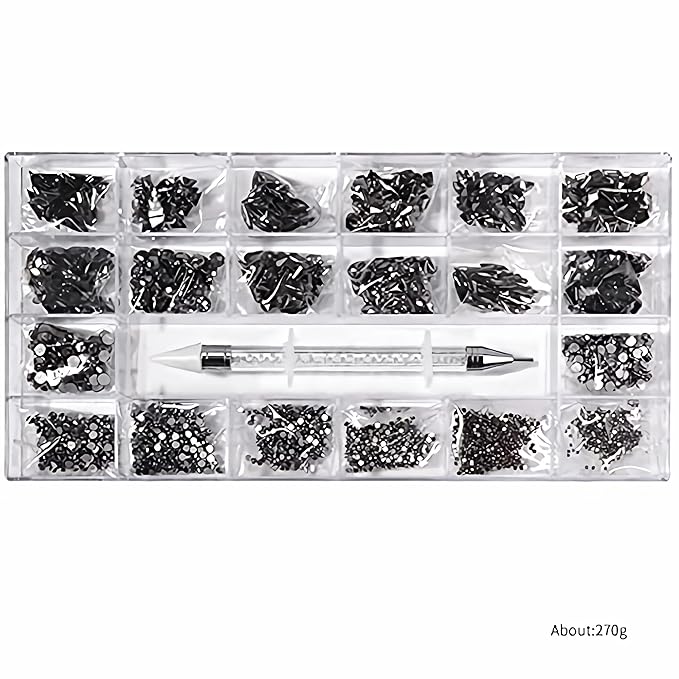 12 Types of Mine Black 600 Diamonds + 2500 Flat Rhinestones Mix 20 Styles Flatback DIY Crafts Rhinestone Crystals 3D Decorations Flat Back Stones Set + Rhinestone Picker Wax Pen