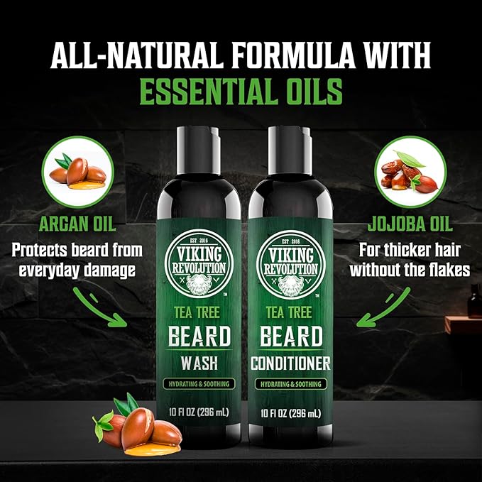 Viking Revolution Tea Tree Oil Beard Wash and Beard Conditioner For Men - Natural Beard Softener Set with Argan Oil, Vitamin E and Ginseng - Tea Tree Beard Shampoo and Conditioner Set (10 Oz)