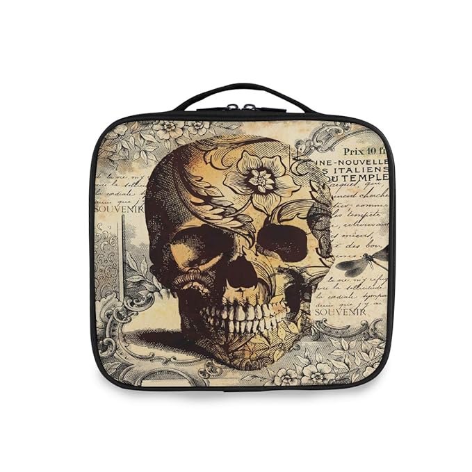 ALAZA Travel Makeup Case, Retro Skull Flower Letter Cosmetic toiletry Travel bag for Women Girls