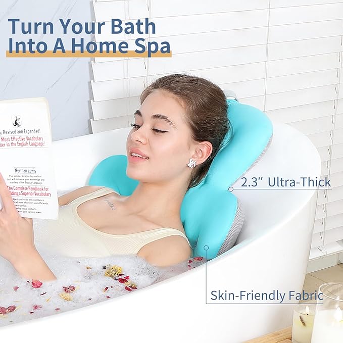 Luxury Bath Cushion, Full Body Bathtub Pillow with 160 Suction Cups, Bath Mat for Head and Neck Support, with Laundry Bag (Blue, 56.2" x 16.2")