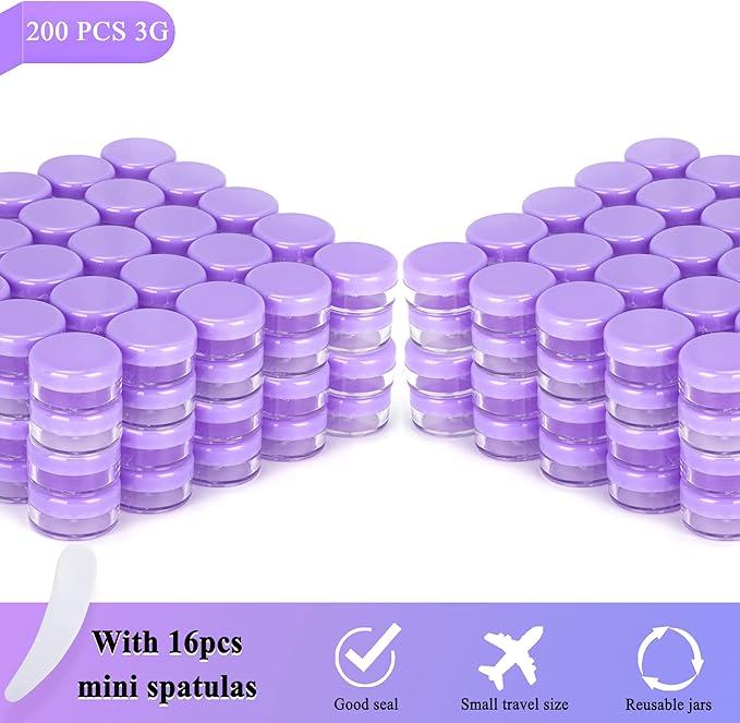 200PCS 3 Gram Sample Containers, 3ml Empty Jars with Lids, Small Cosmetic Containers, Mini Sample Jars with 16PCS Mini Spatulas for Make Up, Oils, Lotion, Powder, Paint, Jewelry, Lip Balms(Purple Lid)