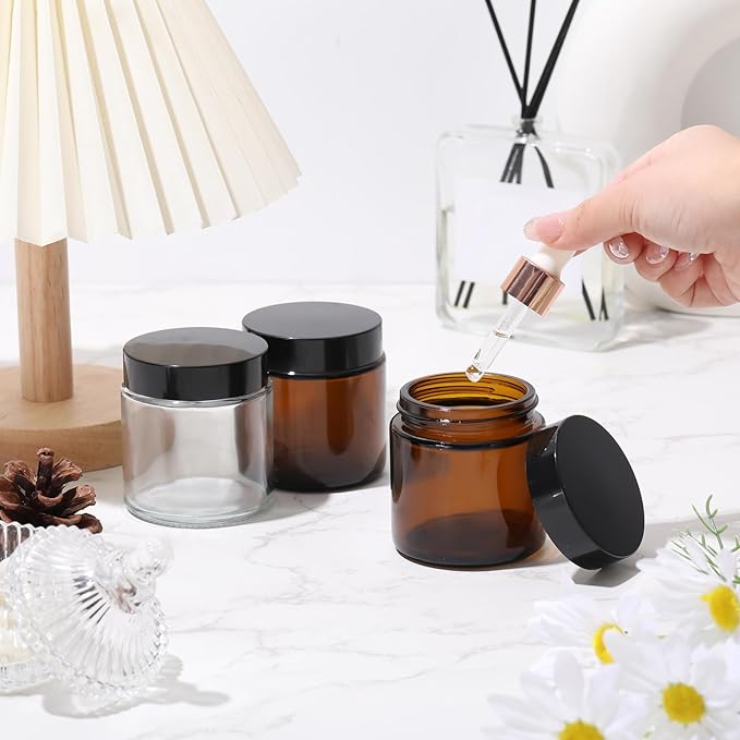 Norme 24 Pcs 4 oz Glass Jars with Lids Leakproof Round Airtight Empty Cosmetic Jars with Inner Liners Lid for Storing Lotions Powder Ointments Candle Making (Black,Amber and Clear)