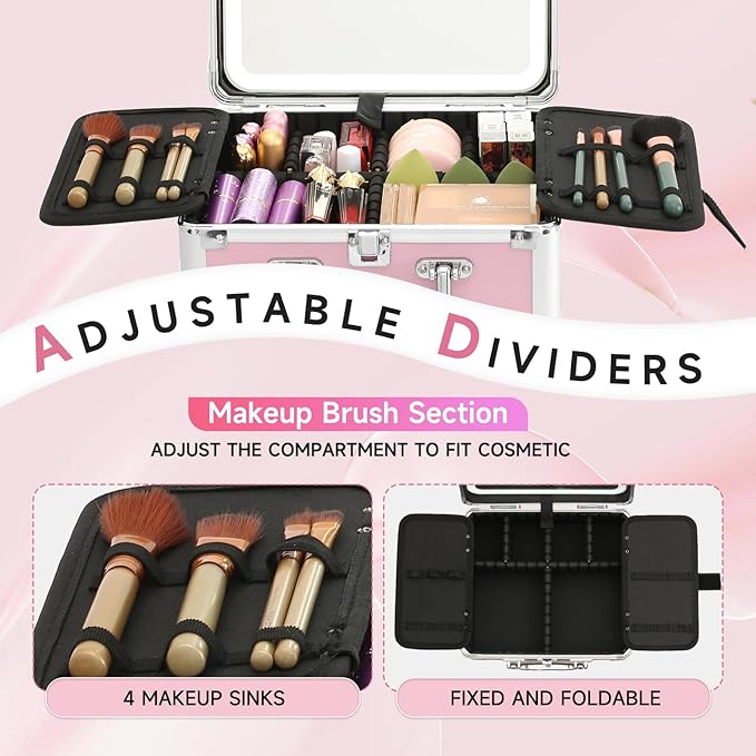 Leeora&Leekoo Makeup Box with LED Mirror & Aluminum Frame, Compact Multi-Layer Cosmetic Organizer - Portable ABS Travel Train Case for Makeup Storage(Gift for Girlfriend/Daughter) (Pink1)