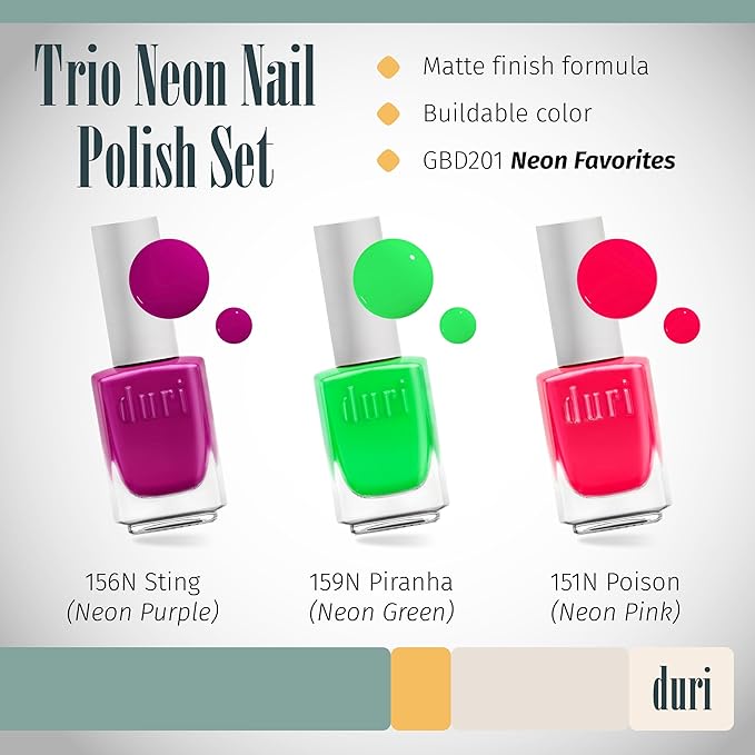 duri Trio Neon Nail Polish Set - GBD201 Neon Favorites, Matte Finish, Quick Drying, 0.45 Fl Oz each