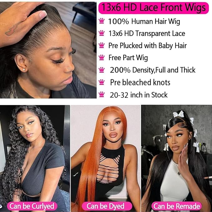 13x6 Lace Front Wigs Human Hair Pre Plucked Pre Bleached Knots with Baby Hair 200% Density Brazilian Unprocessed Straight Human Hair Wigs for Black Women(20 Inch)