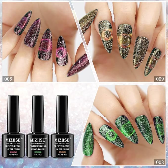 MIZHSE Cat Eye Gel Nail Polish 10 Colors, Magnetic Gel Polish Set with Magnet Stick, Holographic Shimmery Galaxy Effect Cat Eye Nail Polish Soak Off Nail Art Manicure Kit Gift for Women