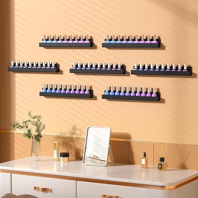 NIUBEE 6 Pack Nail Polish Rack Wall Mounted Shelf with Removable Anti-slip End Inserts, Acrylic Nail Polish Organizer Display 90 Bottles(Black)