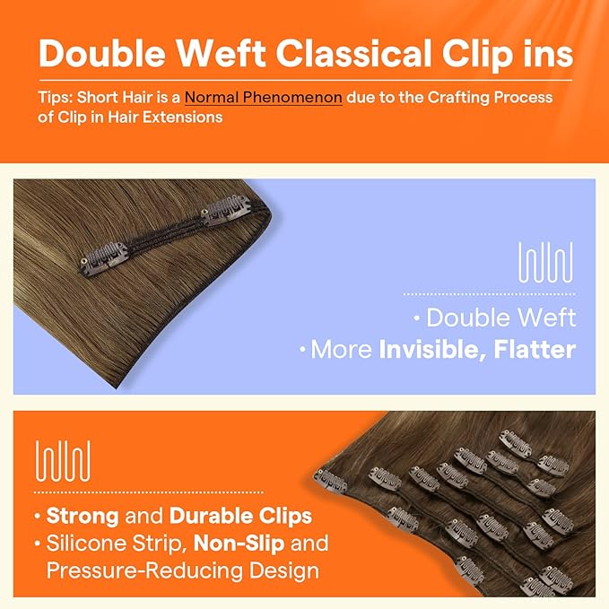 Full Shine Brown Clip in Hair Extensions Human Hair Balayage Hair Color Light Brown to Brown Mix Honey Blonde Clip in Extensions Double Weft Soft Hair Extensions 16 Inch 120 G 7 Pcs