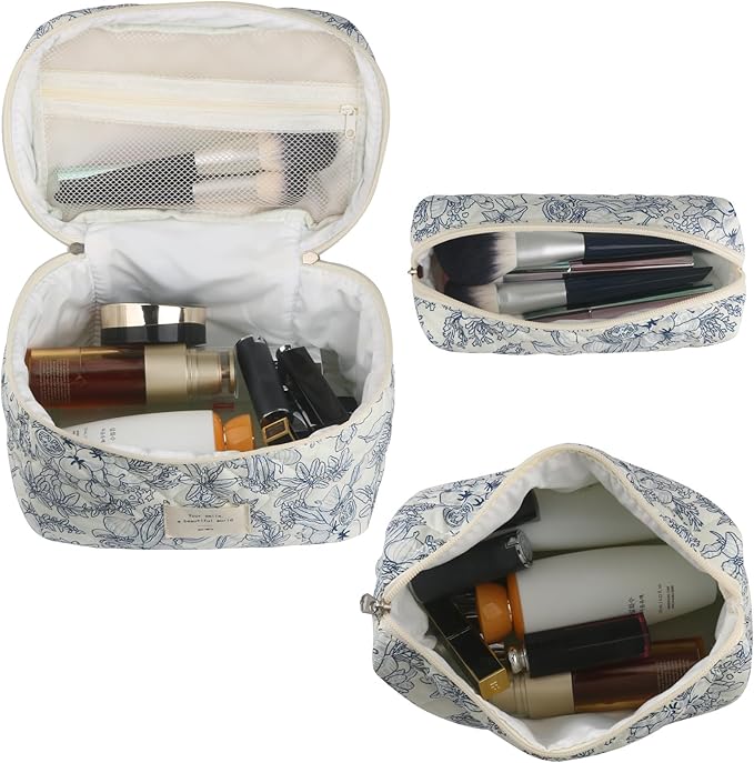 Cute Makeup Bag for Women(3 Pcs), Quilted Floral Coquette Aesthetic Make up Bags, Travel Cosmetic Bags Toiletry Organizer Bag(NavyBlue Flower)