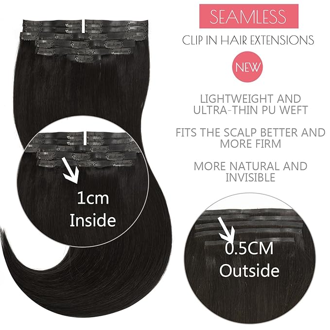 Loxxy Seamless Clip in Hair Extensions Real Human Hair Natural Black #1B 20inch Remy Clip in Human Hair Extensions for Thin Hair Pu Weft Clip on Hair Extensions Natural Hair 150gram 8pcs