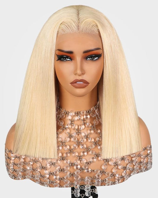 Arabella 613 Lace Front Bob Wig - Human Hair, 13x4, 210% Density, Pre-Plucked with Baby Hair (14 inch, Blonde)