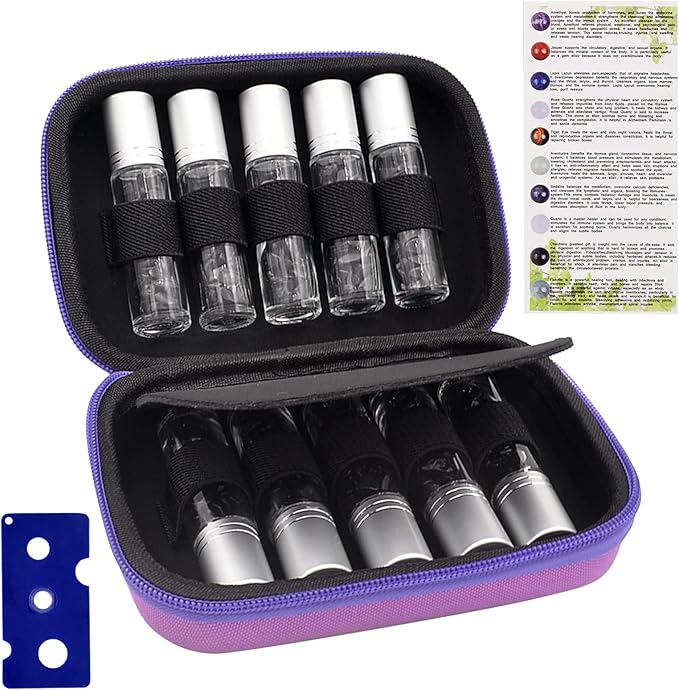 Essential Oil Roller Bottle 10ml w EVA Carrying Travel Case（Clear Glass Bottle with silver Cap、10pack、Gemstone Roller Balls、Crystal Chips Inside、Opener Gemstone Roller Ball Bottles