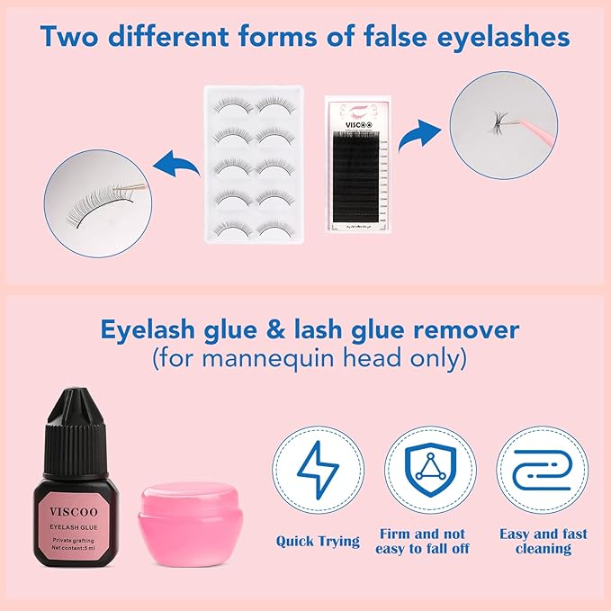 Eyelash Extension Kit for Beginners, Lash Extension Kit with Mannequin Head, Lash Starter Kit with Lash Fan, Extension Glue and Eyelash Remover for Lash Training