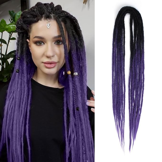 24 In Double Ended Dreadlock Extensions, Ombre Purple 10 Strands Thin 0.6cm Width Synthetic DE Dreads Extensions, 100% Handmade Dreads Hippie Style Dreadlocks for Woman
