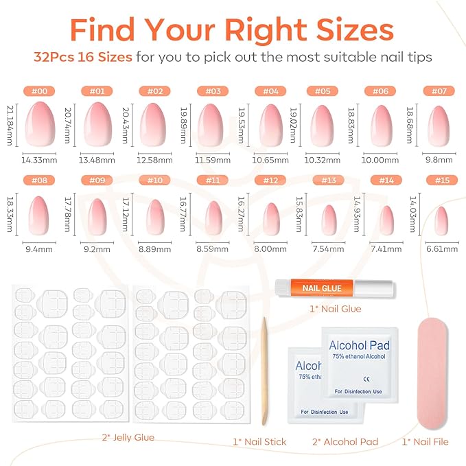 Modelones Pink Ombre Press on Nails Almond, Spring Easter Short Fake Nails, Nail Kit with Nail Glue Adhesive Tabs Mini Nail File, Nails Press Ons 32Pcs 16 Sizes, Women Girl Gift
