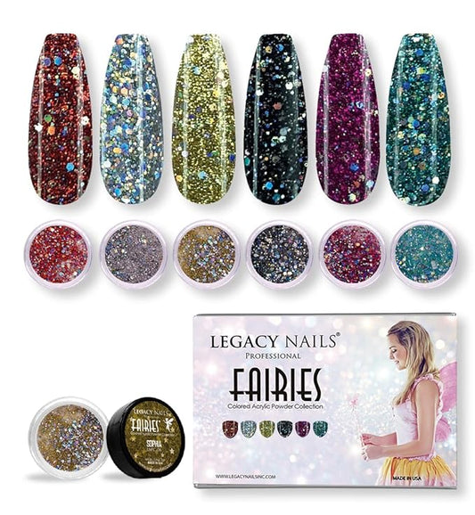 Legacy Nail Acrylic Powder Collections - 6 Colors Professional Nail Art Powder Set Manicure DIY for Dip & Acrylic Nail Extensions (Fairies Collection)