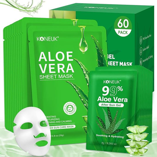 30 Pack Aloe Vera Gel and 30 Pack Face Masks Skincare, Aloe Vera Gel and Facial Mask for Face, Hair, Body, Skin, Bulk Travel Size Aloe Gel and Mask for Sunburn Relief