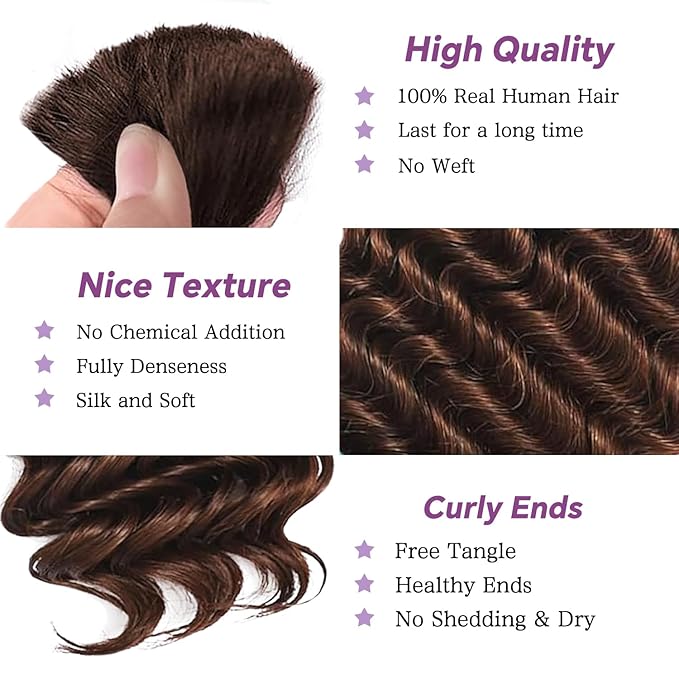 Human Braiding Hair For Boho Braids Deep Water Wave Human Bulk Hair for Braiding 12A Brazilian Virgin Human Hair Extensions for Boho Braids 3 Bundles/Pack 110g Chocolate Brown 24inch