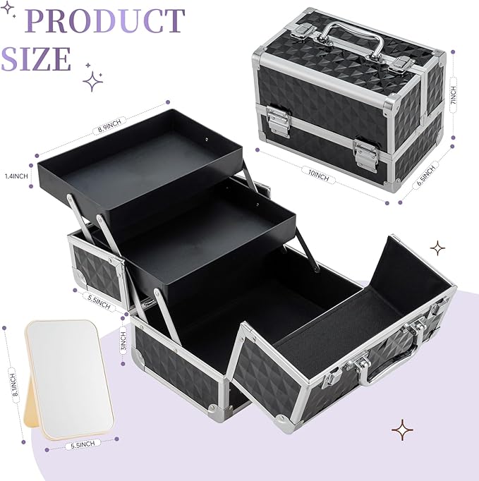 Leeora&Leekoo Makeup Train Case Cosmetic Box Portable Makeup Case Organizer 2 Trays Makeup Storage with Mirror for Cosmetologist Aesthetic Supplies Nail Tech Traveling Makeup Box (Watercube)
