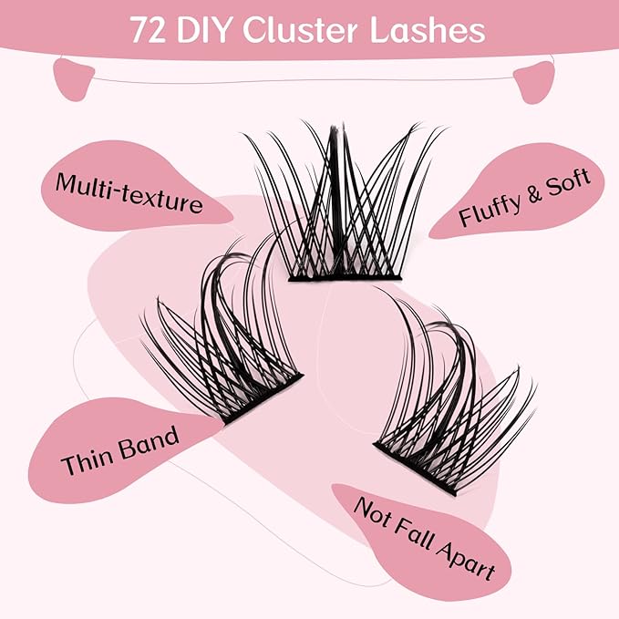 Cluster Eyelashes, 72 Pieces Individual Eyelashes, Eyelash Cluster DIY Eyelash Extensions, Super Thin Band Reusable Soft & Comfortable (Dazzle-D-12 mm)