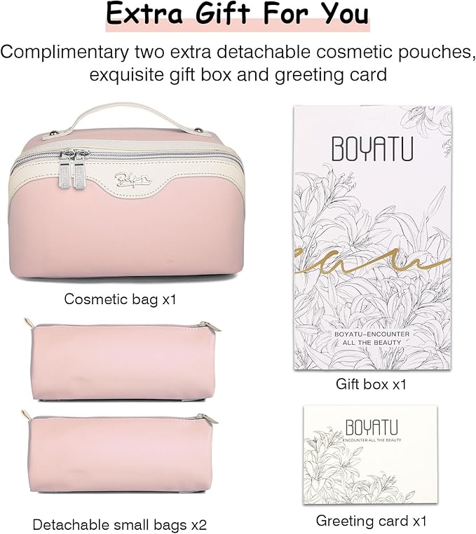 BOYATU Travel Makeup Bag Set: Portable Make up Bag for Traveling - Leather Cosmetic Bags for Women - Waterproof Toiletry Organizer Bags with Handle (D-04-Pink)