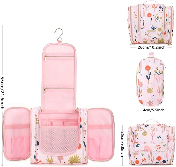 Lychii Hanging Toiletry Bag for Women, Large Water-Resistant Cosmetic Makeup Bag Travel Organizer - Floral