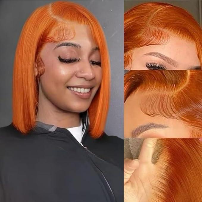 350# Bob Wig Human Hair 14inch Lace Front Wigs Human Hair 180 Density Ginger Orange 13x4 HD Straight Bob Wig Human Hair Pre Plucked with Baby Hair Glueless Lace Frontal Wigs for Black Women