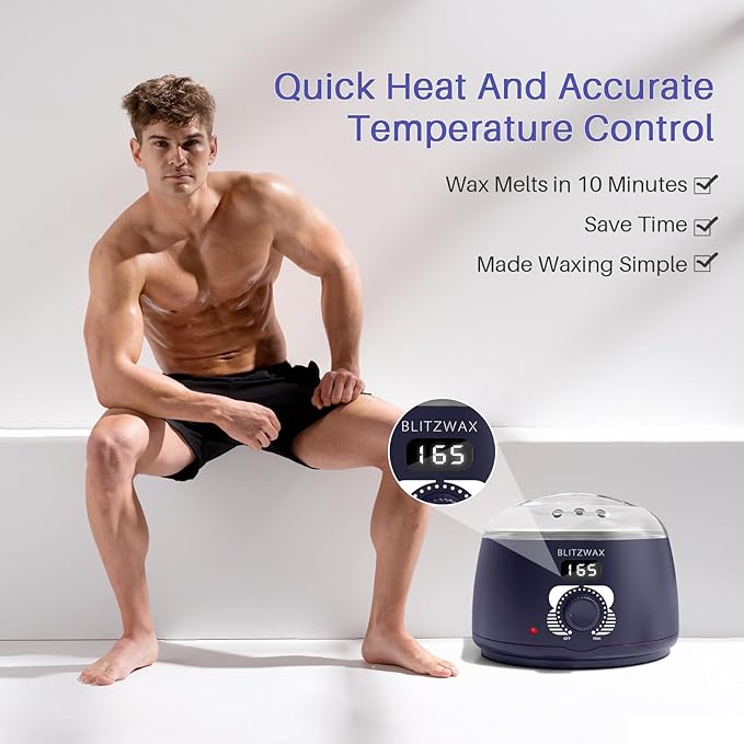 BLITZWAX Brazilian and Bikini Waxing Kit for Men, Hard Wax Warmer for Face, Legs, and Body, At Home Hair Removal Kit, Beginner Friendly, Quick Heating, 30 Nose Wax Sticks