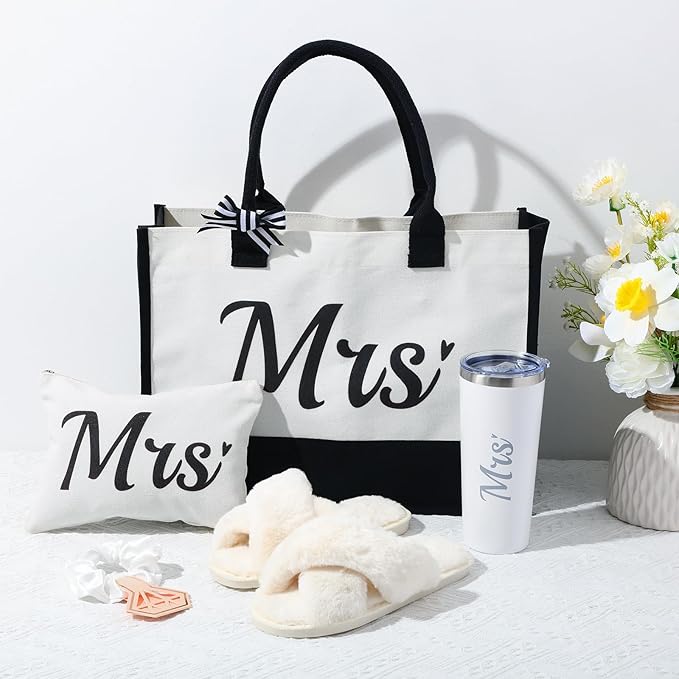 LEIFIDE Bride Tote Bag Bride Gifts Set 5 Pcs Makeup Bag Bride Stainless Tumbler Cup Bride Slippers White Hair Tie Slippers for Bridal Shower Bachelorette Party Wedding Day Gifts for Bride (Fresh)