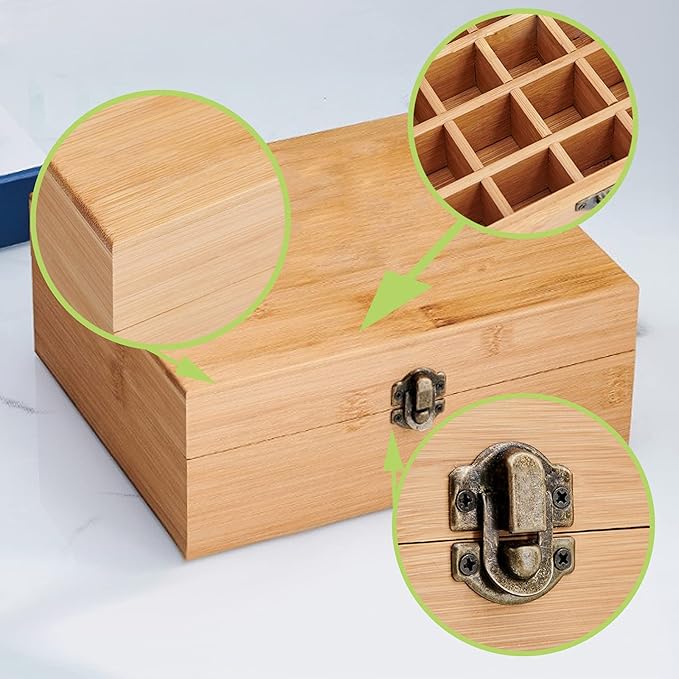 Pure Vie Bamboo Essential Oil Storage Box Travel Organizer Case with Bottle Cap Label - Aromatherapy Nail Polish Fragrance Container, Holds 30 Bottle for 5-15ml - Keep Scented Oil Safe & Space Saver