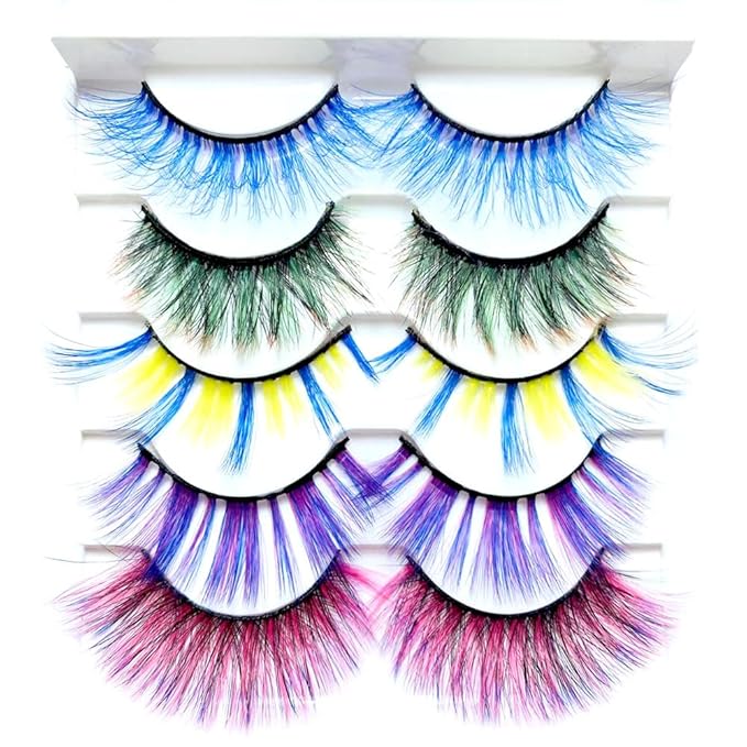 Sunniess Ombre Colored Lashes Silk Protein Fluffy Wispy Volume Fake Lashes for Halloweens Cosplay Party Stage Russian D Curl Lashes with Color Make up Faux Mink False Eyelashes 5 Pairs (5ce-02)