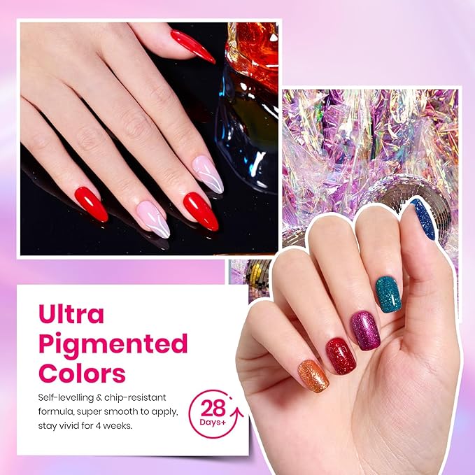 Beetles Glitter Gel Nail Polish Set 44Pcs, Red Gold Green Silver Burgundy Blue Pink Sparkle Gel Polish Kits with Base Top Coat Gift for Women