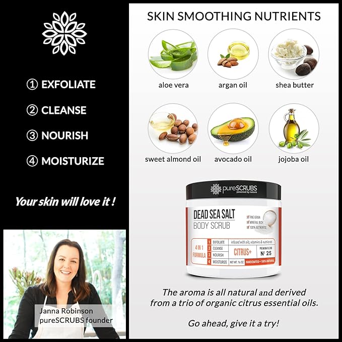 pureSCRUBS Premium Citrus Body Scrub Set - Large 16oz Dead Sea Salt Body Scrub With Infused Essential Oils & Nutrients, Includes Wooden Spoon, Loofah & Oatmeal Exfoliating Bar Soap