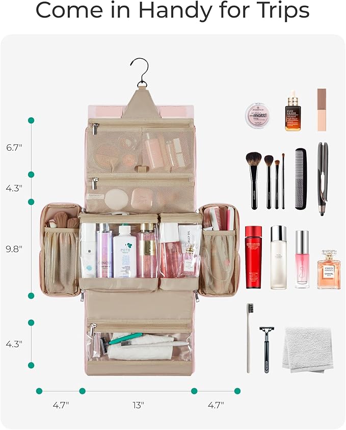 BAGSMART Travel Toiletry Bag, Extra Large Full-open Hanging Toiletry Bag for Women, Puffy Cosmetic Makeup Bag Organizer with Handle for Accessories, Essentials, Toiletries (Beige 13''L)
