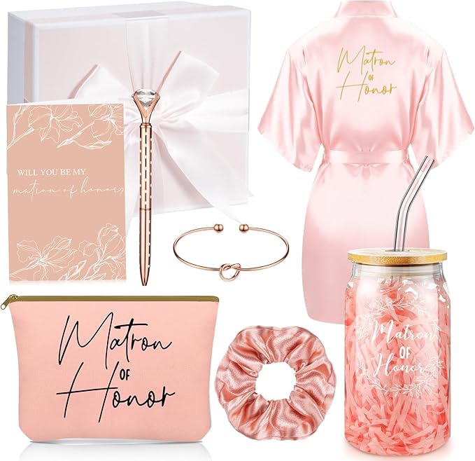 Irenare 8 Pcs Proposal Gifts Set Robes Makeup Bag Cup Cards Hair Tie Bracelet Diamond Pen Bridesmaid Gift Box(Pink,Matron of Honor)