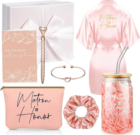 Irenare 8 Pcs Proposal Gifts Set Robes Makeup Bag Cup Cards Hair Tie Bracelet Diamond Pen Bridesmaid Gift Box(Pink,Matron of Honor)