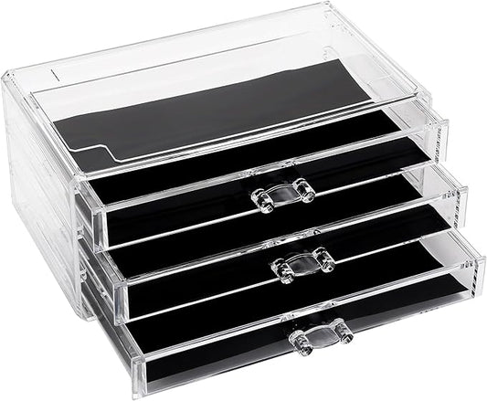 Sea Team Clear Makeup Organizer with Drawers, Acrylic Plastic Cosmetic Display Case, Jewelry Storage Box, Holder for Dresser, Bathroom, Vanity, Countertop (3 Middle Drawers)