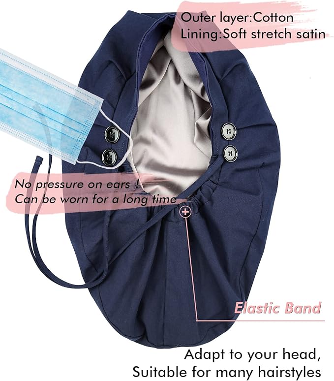 Satin Lined Work Cap with Button for Long Hair Women