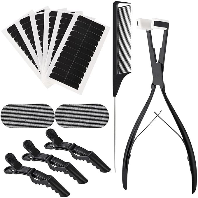 EHDIS Hair Extensions Tools Kit Tape in Hair Sealing Pliers Flat Surface Hair Extension Tools with Double Sided Replacement Adhesive Hair Extension Tape Tabs (Black)