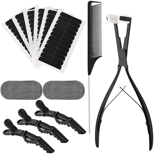 EHDIS Hair Extensions Tools Kit Tape in Hair Sealing Pliers Flat Surface Hair Extension Tools with Double Sided Replacement Adhesive Hair Extension Tape Tabs (Black)