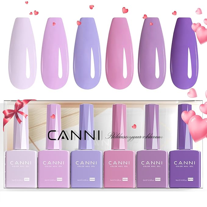 CANNI 6 Colors 9 ML Hema-Free Light Purple Gel Nail Polish Set, Purple Gel Polish Kit, Soak Off LED Nail Gel Manicure Kit DIY at Home Salon Gifts