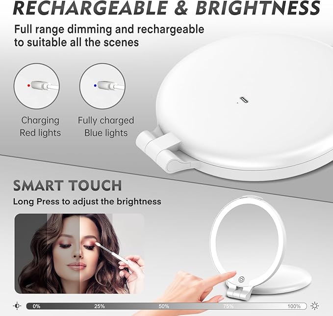 FUNTOUCH Magnifying Mirror with Light, 1X/10X Double Sided Rechargeable Makeup Mirror with 3 Color Setting, Foldable Portable Travel Essential Vanity Mirror with Bundle Pocket