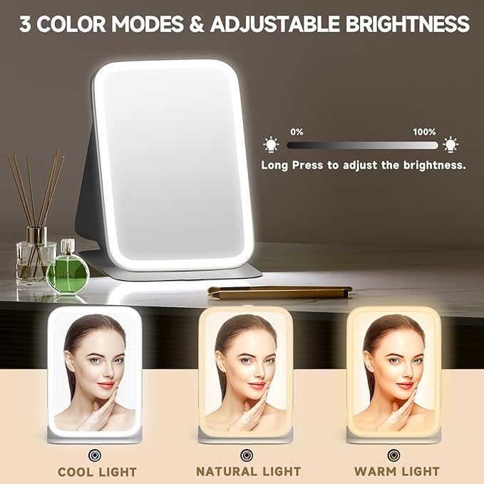 Mocado Travel Makeup Mirro with Lights, 360° Rotation Lighted Makeup Mirror, Portable Mirror with 10x Magnification, 60LEDs 3 Color Lightings, Dimmable Touch Screen, Tabletop Light up Mirror(Daisy)