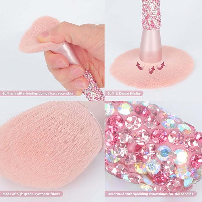 Professional Makeup Brushes Set 11PCS Bling Rhinestone Face Cosmetics Blending Liquid Foundation Powder Concealer Eye Shadows Make Up Beauty Tool Glitter (AB Pink)