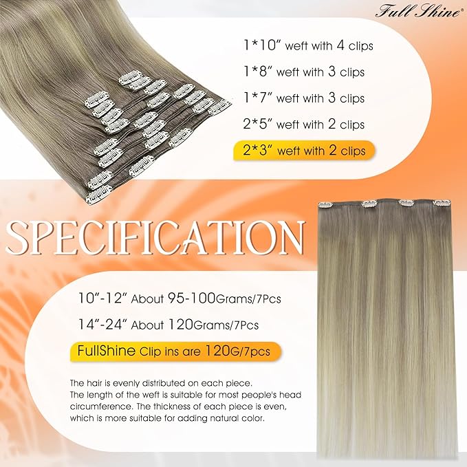 Full Shine Hair Clip in Ombre Grey Human Hair Extensions Full Head Color 19A Ash Blonde Fading to Color 60 Blonde Highlighted 19A Double Weft Clip in Human Hair for Women 18 Inch 120 G 7 Pcs