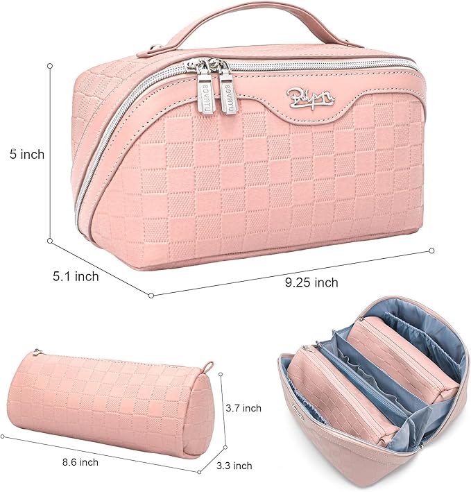 BOYATU Travel Makeup Bag Organizer Cosmetic Bag: 3 Pcs Set Make up Bags for Women with Handle - Waterproof Vegan Leather Toiletry Bags with Comparments (Pink)