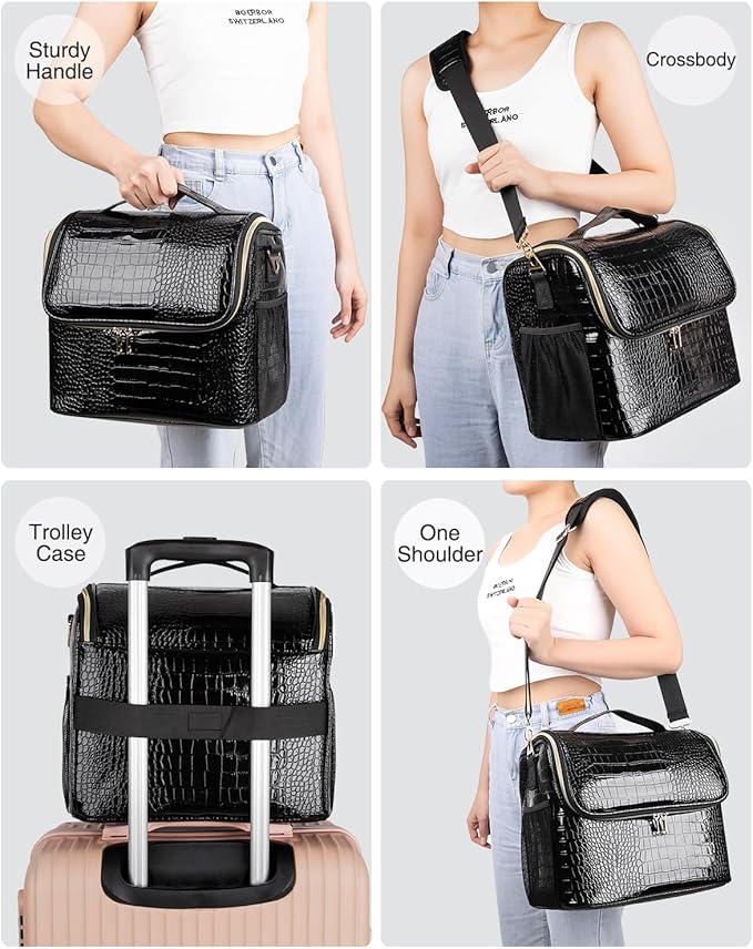 Travel Makeup Bag, Tattoo Case with 4 Inner Removable Pouches, Professional Makeup Artist Bag Travel Organizer Box with Adjustable Dividers (Medium, Black)